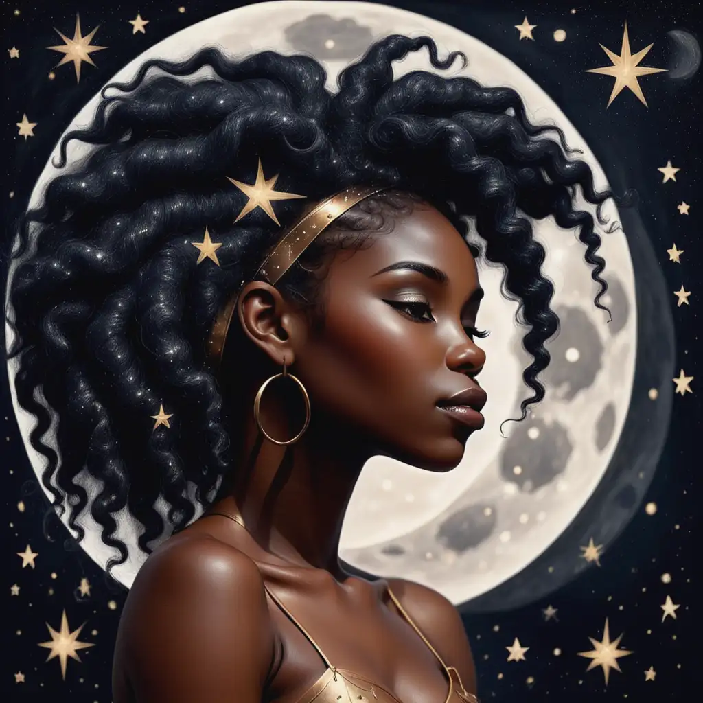 Celestial Black Woman Surrounded by Moon and Stars