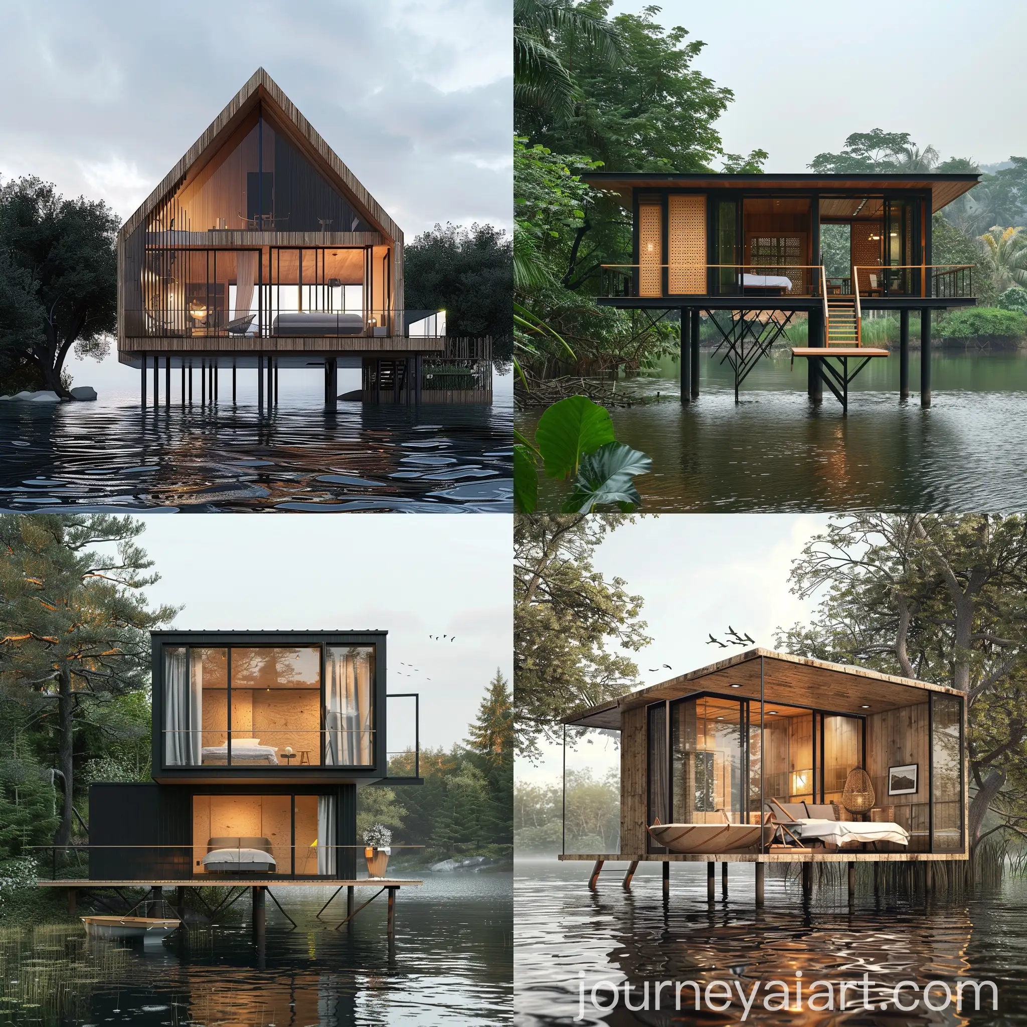 Minimalist-One-Bedroom-Cabin-on-Stilts-with-Waterfront-Floating-Structure