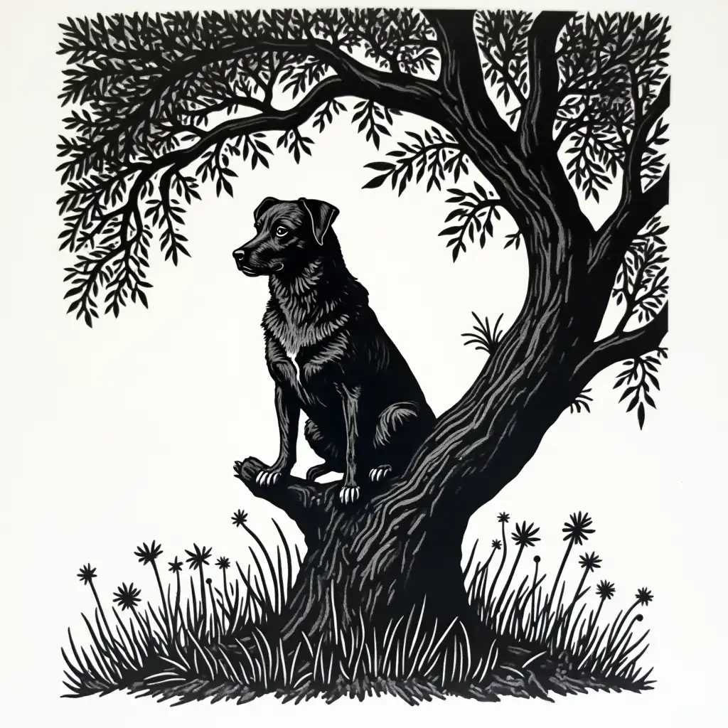 Dog Sitting on Tree Branch in Linocut Art Style