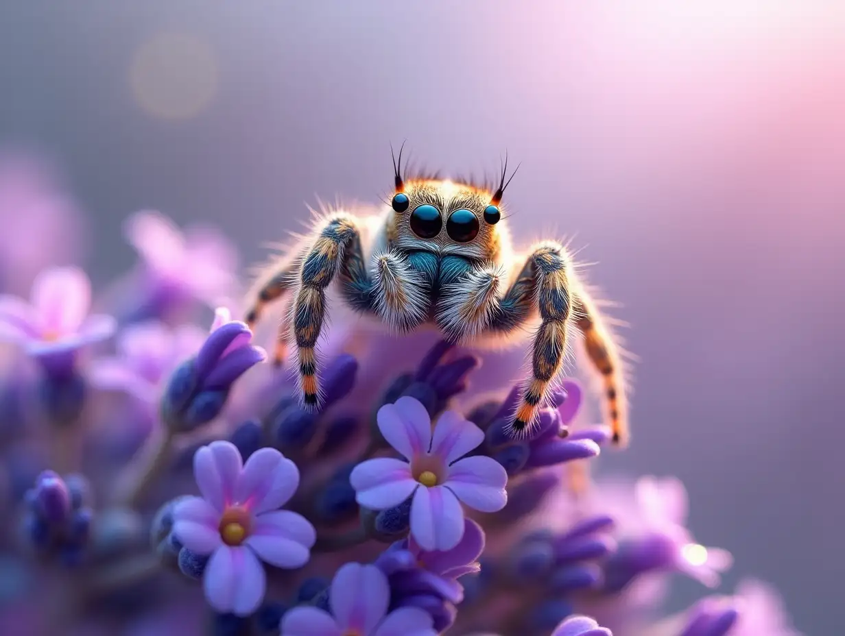 Create a highly detailed, photorealistic image of a fluffy, colorful jumping spider perched on vibrant lavender flowers. The spider should have large, expressive eyes and intricate patterns on its body, with a mix of soft fur and delicate hairs. The lavender flowers should be in full bloom, with rich purple hues and dewdrops glistening on the petals. The background should be a dreamy, bokeh effect with soft pastel colors, enhancing the enchanting and whimsical atmosphere of the scene. The overall style should be hyper-realistic with a touch of fantasy, capturing the beauty and intricacy of both the spider and the flowers.