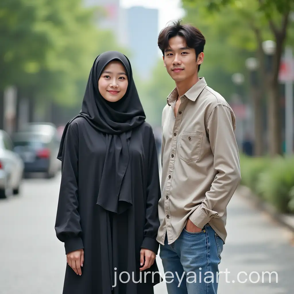 Tall-Woman-in-Muslim-Outfit-and-Hijab-Standing-Beside-Average-Korean-Man-in-Casual-Wear