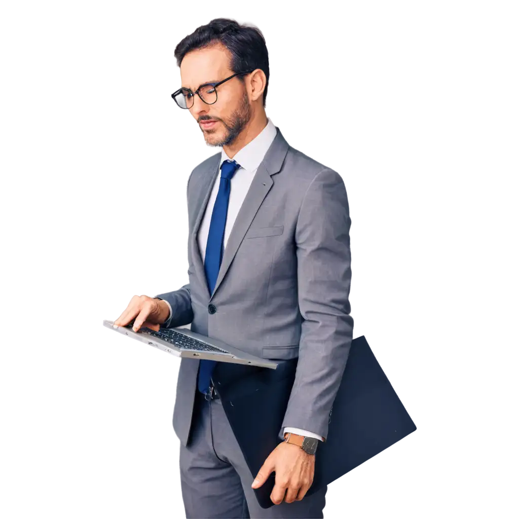 A man holding a laptop and dressed in formal suiting, wearing glasses