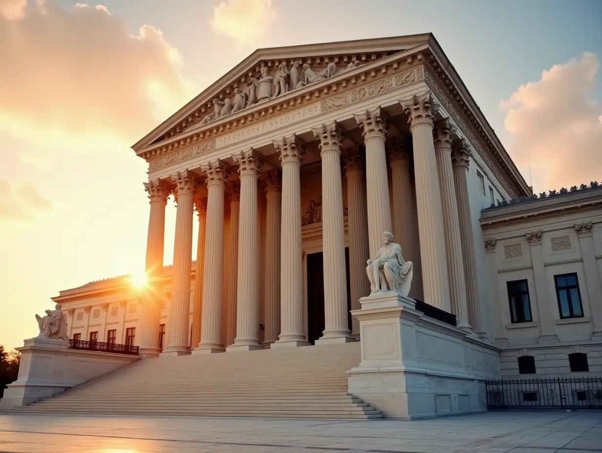 Majestic-Marble-Columns-at-Supreme-Court-Facade-During-Golden-Sunrise-American-Justice-Symbol