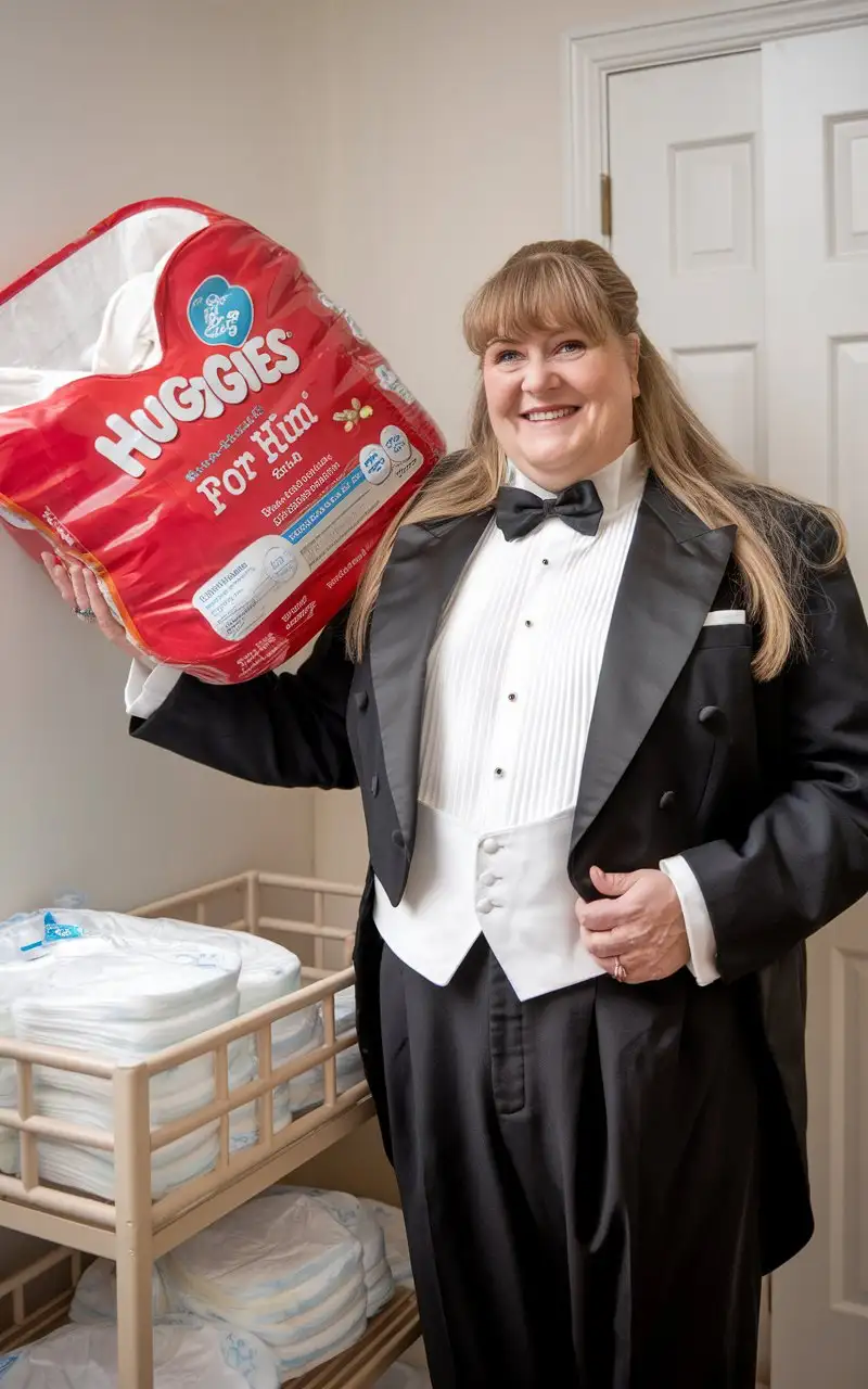 Smiling-MiddleAged-Woman-in-Formal-Tuxedo-Holding-Huggies-Diapers-in-Nursery-Setting