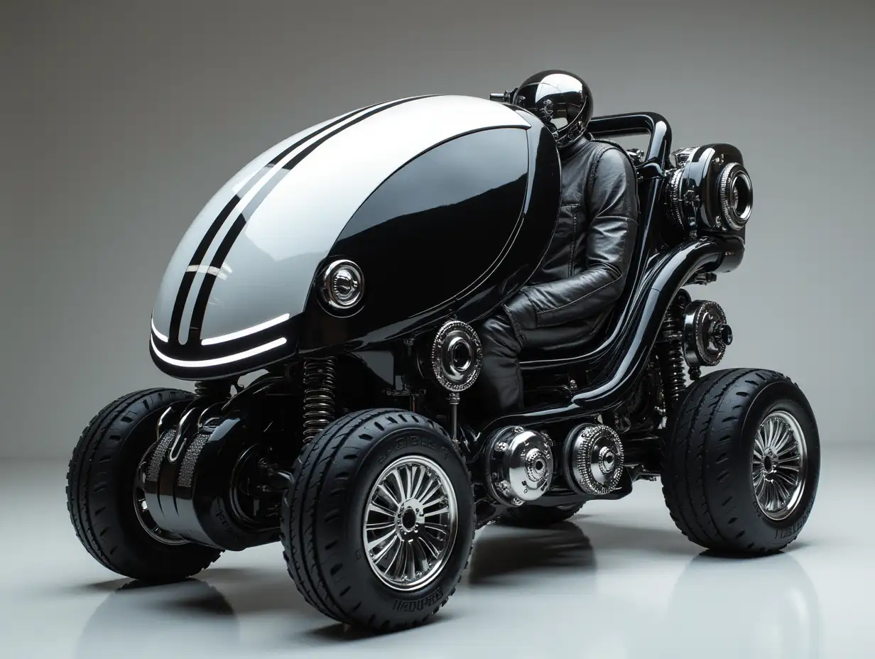 Supermodern utopian sportomnibus with gears, aluminum wheels, wide tires, black and white ,and silver colors,utopian, silver-black striped, chrome-wheels, Cyberpunk