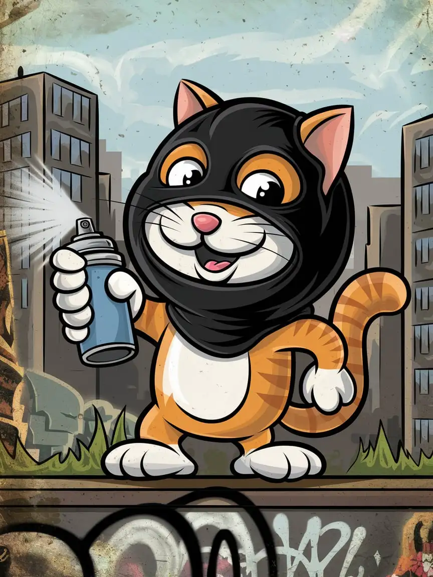 Playful Orange Cat with Black Balaclava and Spray Paint Cartoon Style