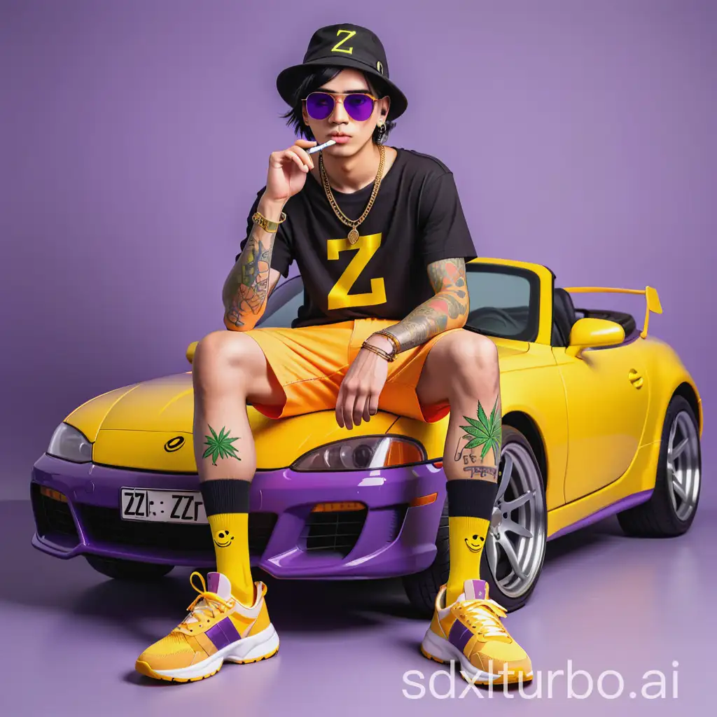 Digital cartoon illustration of a stylish young GENERATION Z 18 man with yellow skin, smoking a cigarette, tattoos, bucket hat with the word ‘Z’, large purple sunglasses, short black hair, wearing a gold necklace with a gold pendant in the shape of the letter “Z”, colorful shirt with smiley face and cannabis emojis, orange shorts, white socks, comfortable sandals, playful pose, standing relaxed on a purple and yellow background, expressive and cool streetwear look.