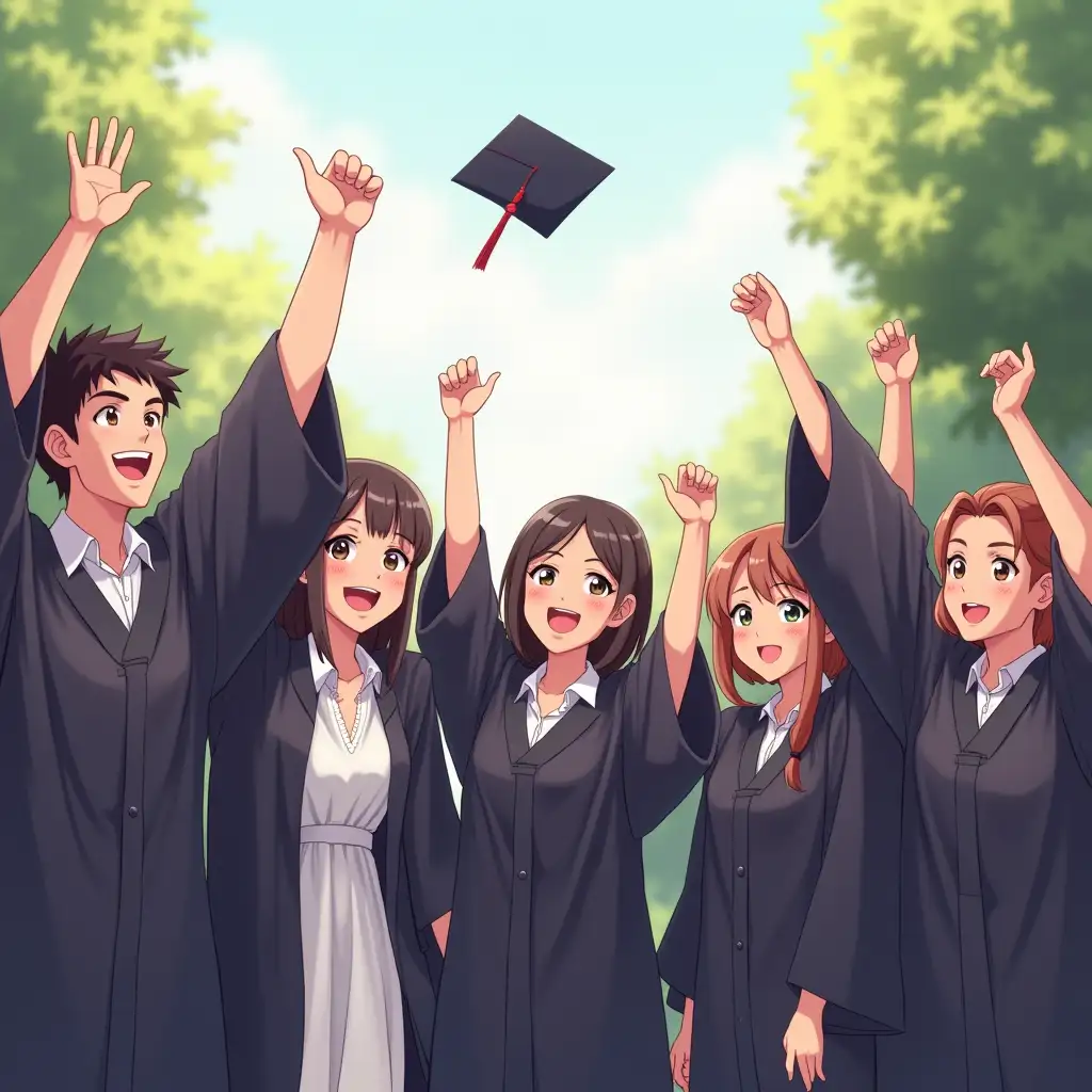 Anime image of students celebrating their graduation 