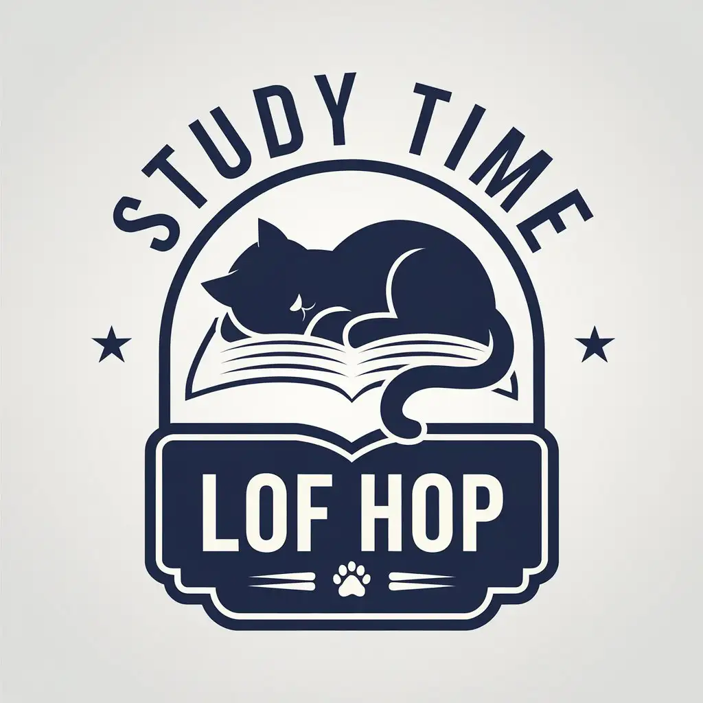 LOGO Design for Study Time Lofi Hip Hop Cat Sleeping on Book with Navy Blue White Monotone Theme