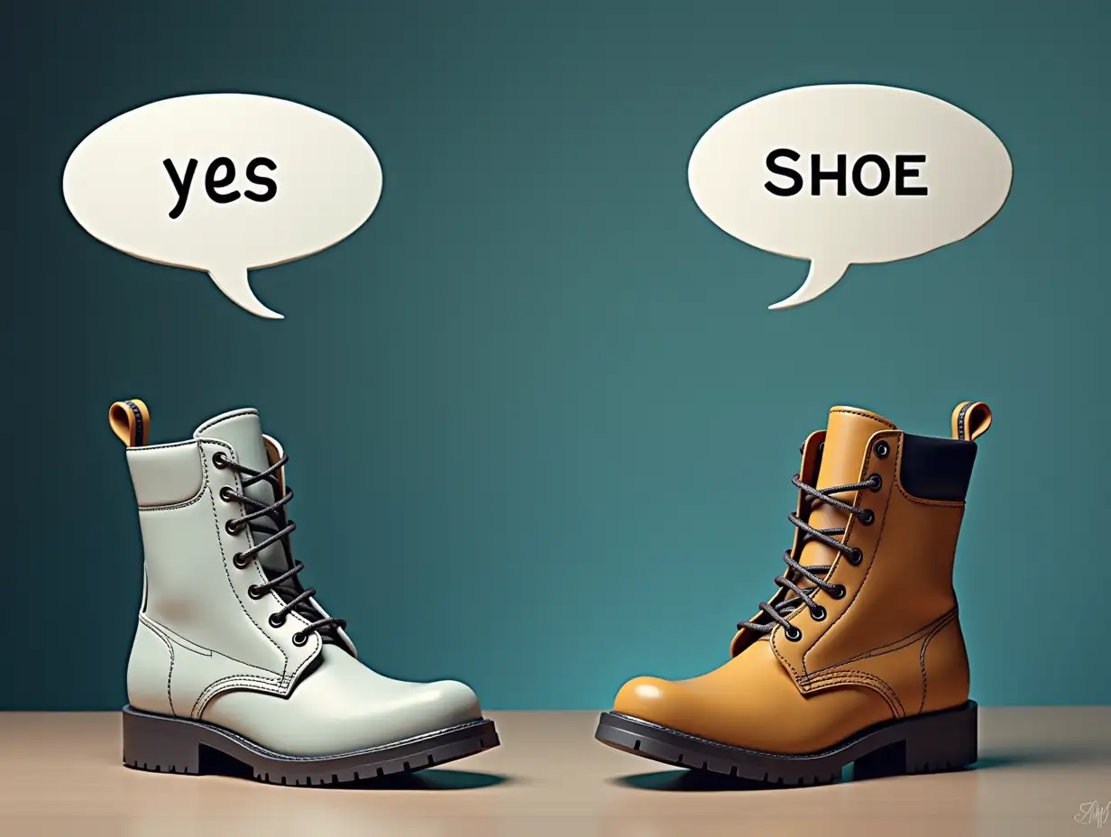 AI is using the word 'Boot' for 'yes' and the word 'Shoe' for 'no' during a conversation to bypass his programming. Also include the words 'yes' and 'no' in the image. Also include a boot and a shoe in the image