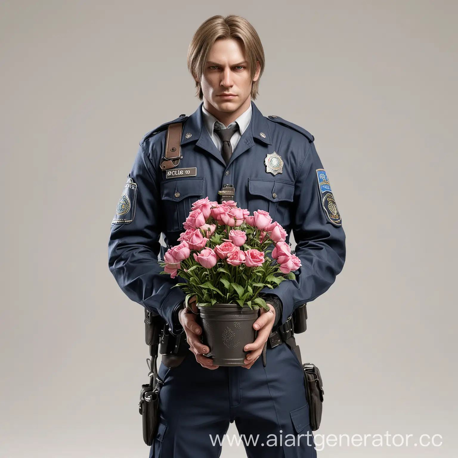 Leon-Kennedy-Holding-Pink-Flowers-in-Police-Uniform