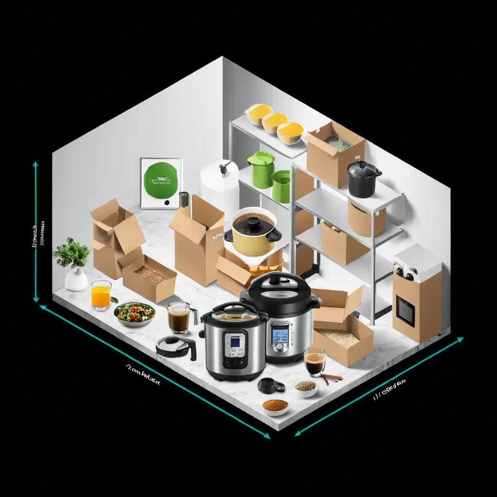 15 m²box, cardboard_box, motor_vehicle, ground_vehicle, motorcycle, indoors, solo, Instant Pot Duo Nutribullet 1000W Series Blender Air Fryer (e.g., Instant Pot Vortex Plus) Stand Mixer (e.g., KitchenAid 7 Quart) Coffee Maker (e.g., Breville Coffee & Spice Grinder) Rice Cooker (e.g., Panasonic 5-Cup Rice Cooker) Food Processor (e.g., Kenwood MultiPro Go) Toaster Oven Slow Cooker (e.g., Russell Hobbs 7L Slow Cooker)