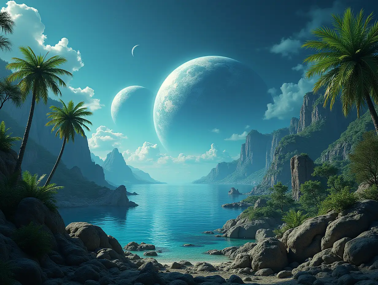 AI of foreign planets with plants with dinosaurs and sea 4K resolution