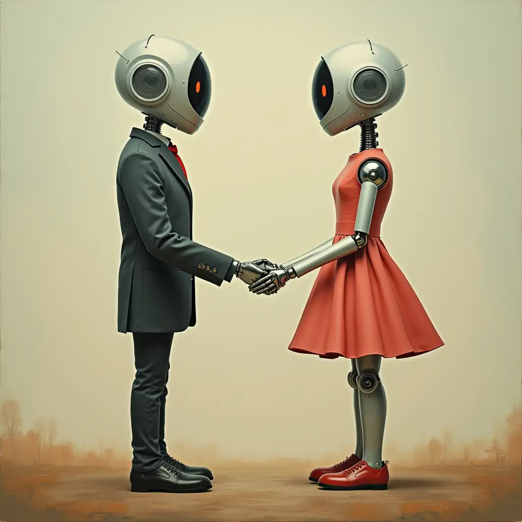 Robot-Couple-Holding-Hands-in-a-Surreal-Family-Portrait