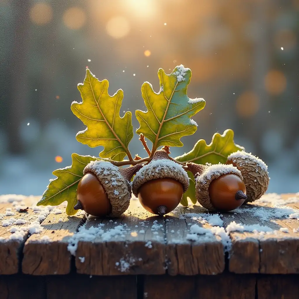 close-up, academic oil painting, autumn morning,an oak branch with acorns dusted with snow lies on an old wooden bench, HDR, pixel graphics, hyper-drawing,glare,glow, backlight from behind