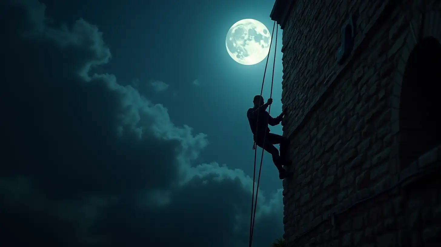 Medieval Prisoner Escaping Over Wall by Moonlight