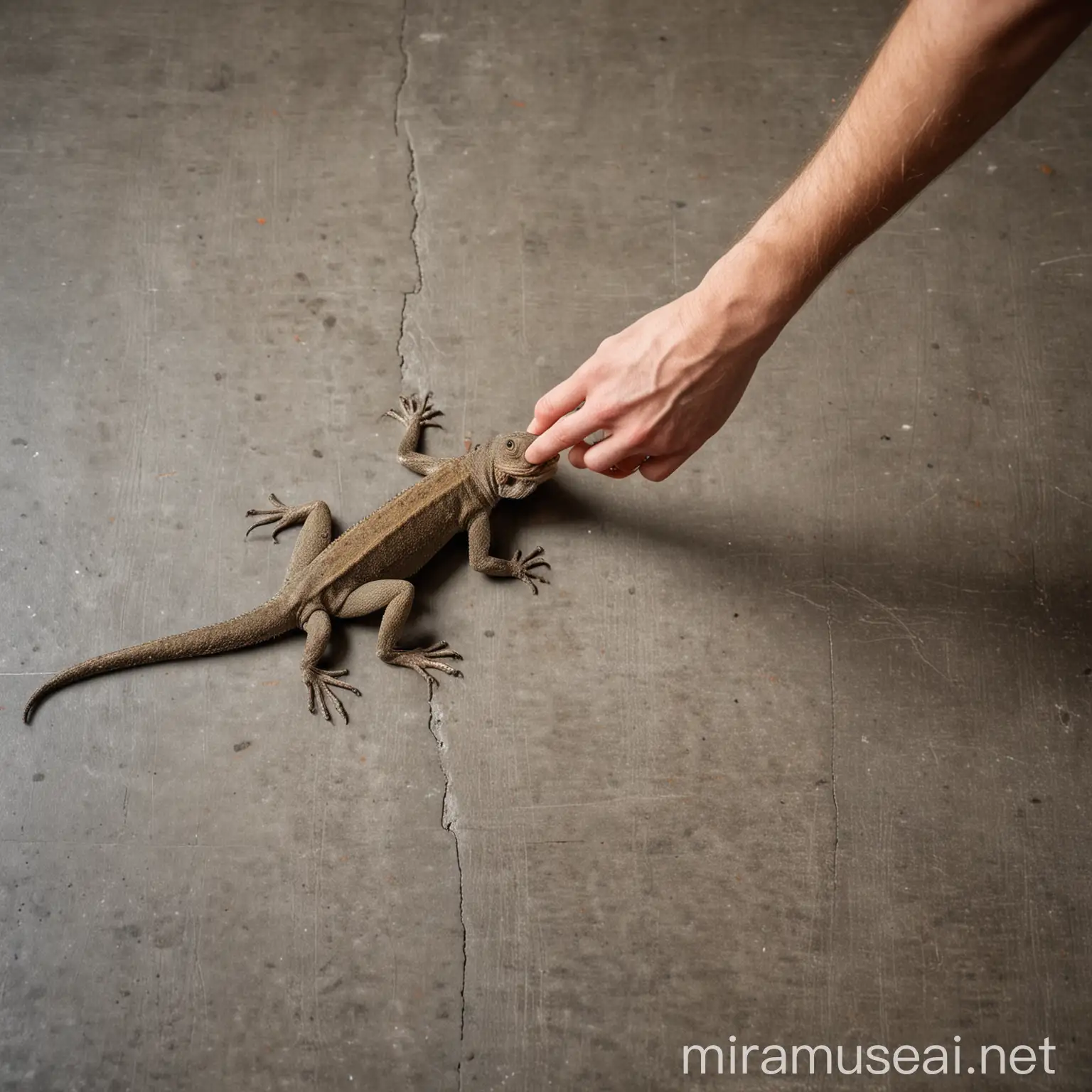 Monkey Stroking Lizard on Concrete Floor