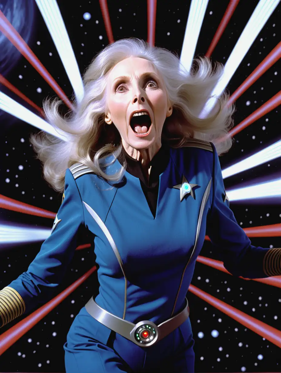 Gates-McFadden-Trapped-in-Star-Trek-Uniform-Surrounded-by-Energy-Beams