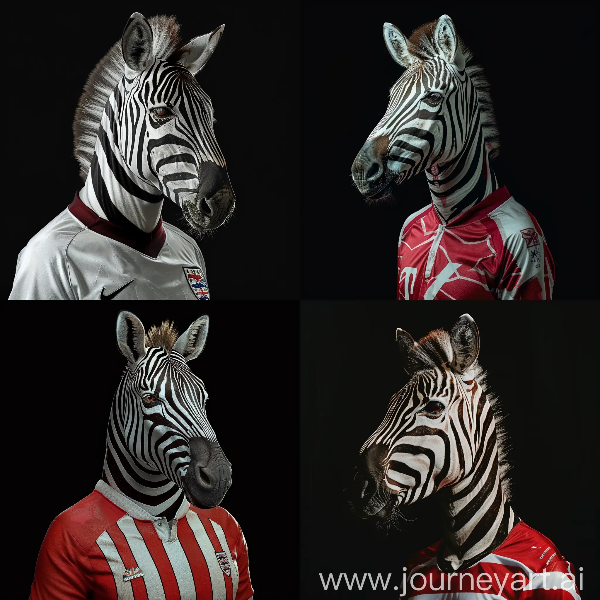 Hyper-Realistic-Zebra-in-England-Football-Top-on-Black-Background