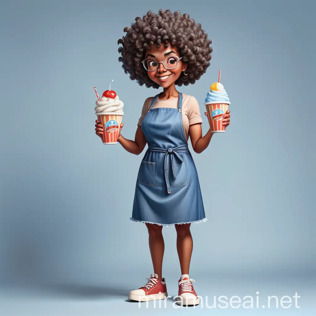 Cartoon Young Grandmother Holding Italian Ice Cup in Denim Dress and Apron