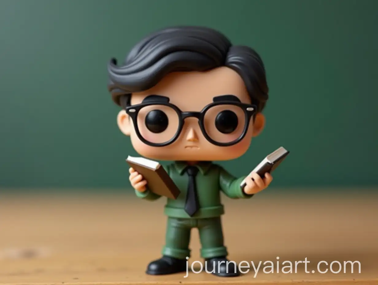 Funko-Pop-of-a-Boy-Teacher-with-Black-Hair-Green-Blouse-and-Square-Reading-Glasses-Holding-a-Book