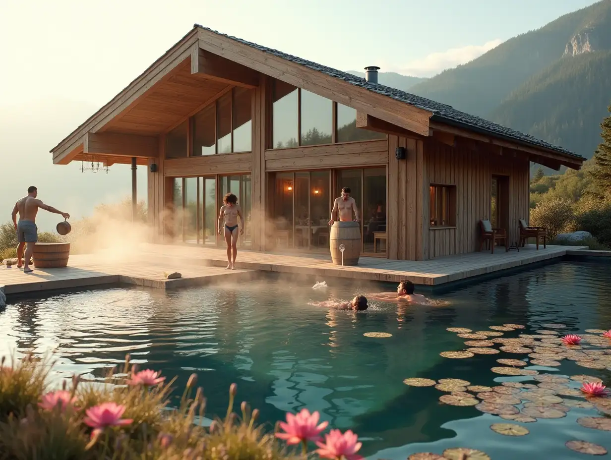 a chalet-style house made of a wooden support system, all the walls of which are made of glass and these are panoramic windows from floor to roof, and on the wooden terrace in front of this house there are people in swimming trunks and steam comes from them as in cold weather and they pour water from wooden buckets, and there is also a large barrel. a semi-barrel from which steam comes in which one of the people swims, in front of the house there is a wooden terrace from which you can dive into a pond with crystal clear water with pink water lilies and this pond has a natural rounded shape,  on the other side of this pond, there is a simple one more chalet house with panoramic windows in all walls from floor to roof, that is, each wall is a panoramic window, everything else around the pond is a minimalist landscape design, a sunset sunny day and a lot of sunset sunlight, the foreground is in focus, and the background is blurred