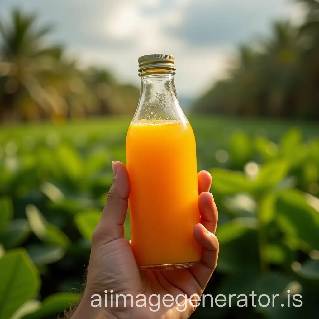 Farmer-Holding-a-Bottle-of-Fruit-Juice-on-a-Tropical-Background