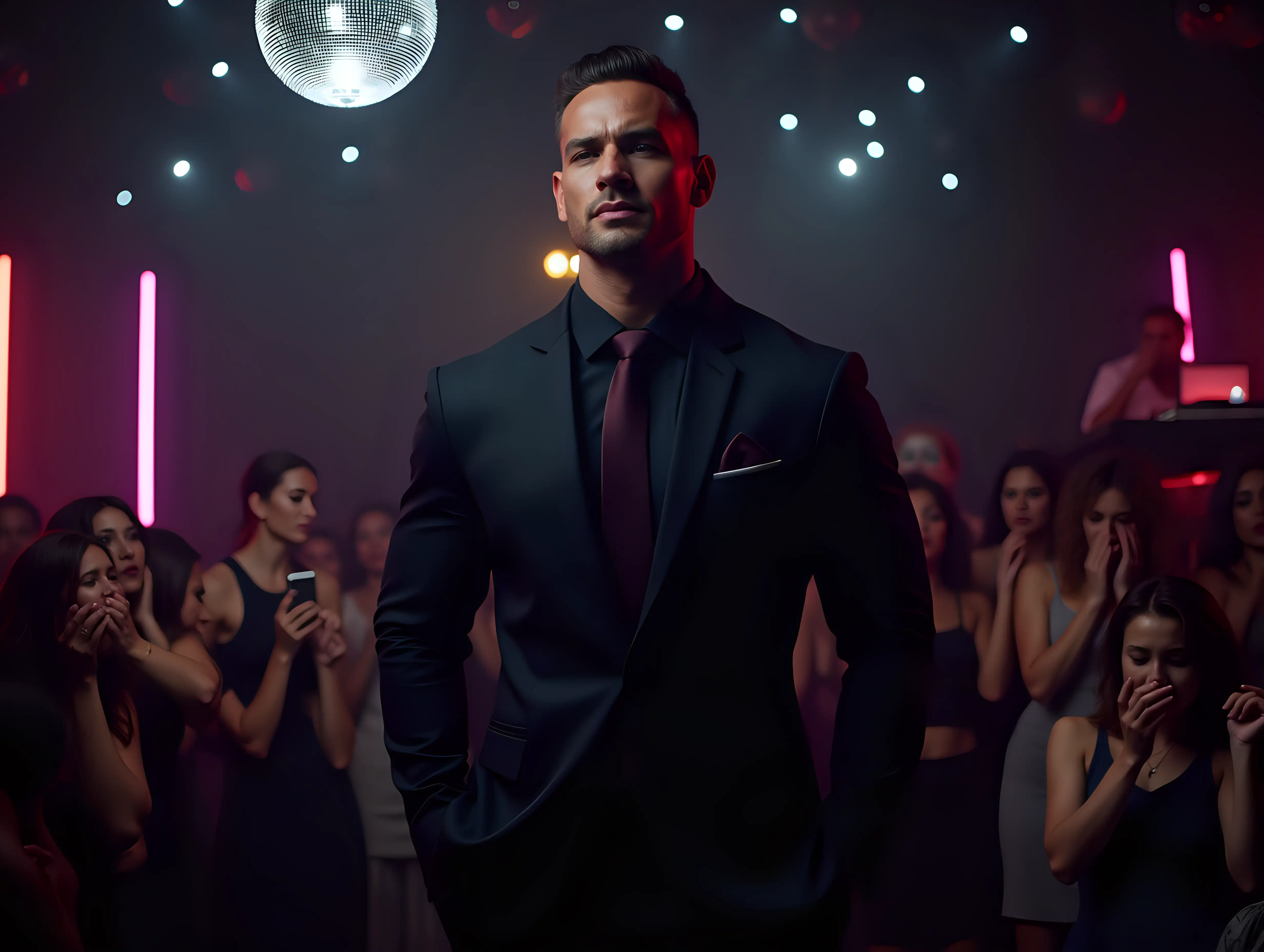 Handsome-Muscled-Bodybuilder-in-Black-Suit-on-Disco-Podium-with-Sobbing-Women-and-DJ-in-Neon-Lights