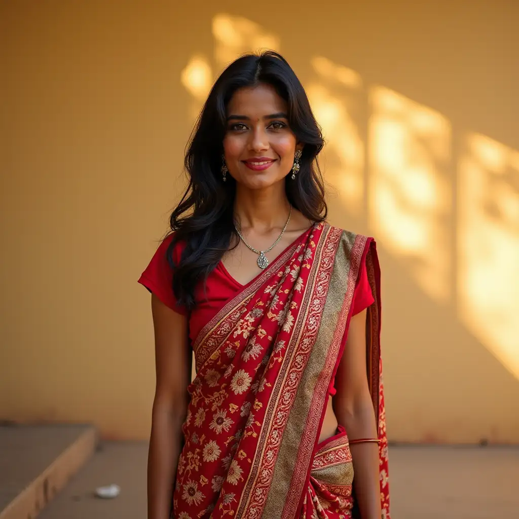 Indian-Woman-in-Quirky-Bagru-Print-Saree-Posing-Outdoors-in-Morning-Sunlight