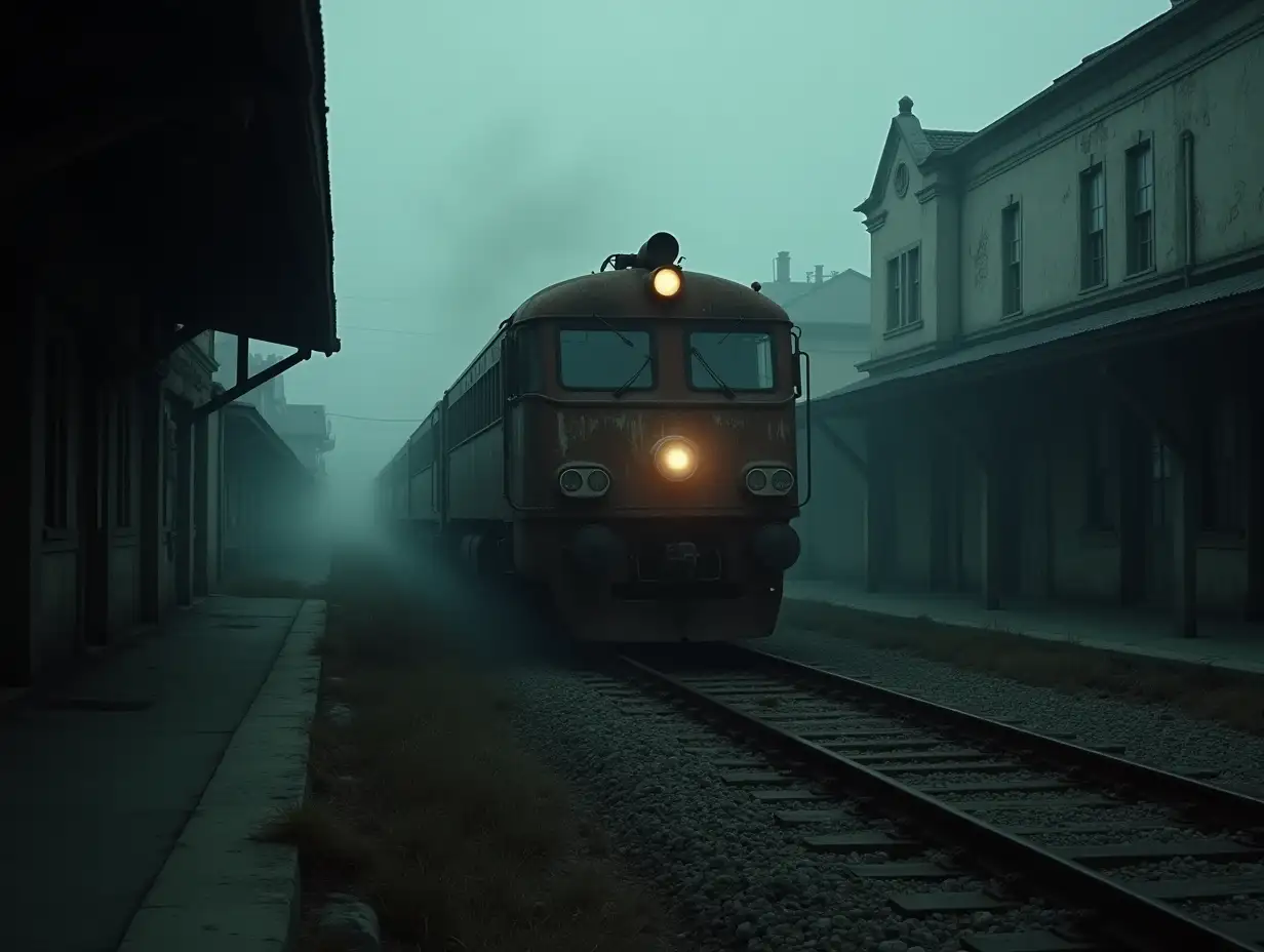 A weathered, rusted train slowly starts moving from an eerie, abandoned train station. The station is overgrown with weeds, and cracked, broken windows in the buildings give glimpses of decay. The station is enveloped in an ominous fog, with the air thick and still. The train’s headlights flicker, casting unsettling shadows across the deserted platform, as the sound of the train’s wheels grinding against the tracks echoes eerily in the silence. The camera pans through the environment, capturing the dilapidated station, dark alleyways, and empty, fog-filled tracks as the train begins to move. The atmosphere feels tense and haunted, as if the train itself is the only thing alive in this forgotten place. Flickering lights and distant, unidentifiable sounds create a haunting ambiance, adding to the sense of isolation and dread.