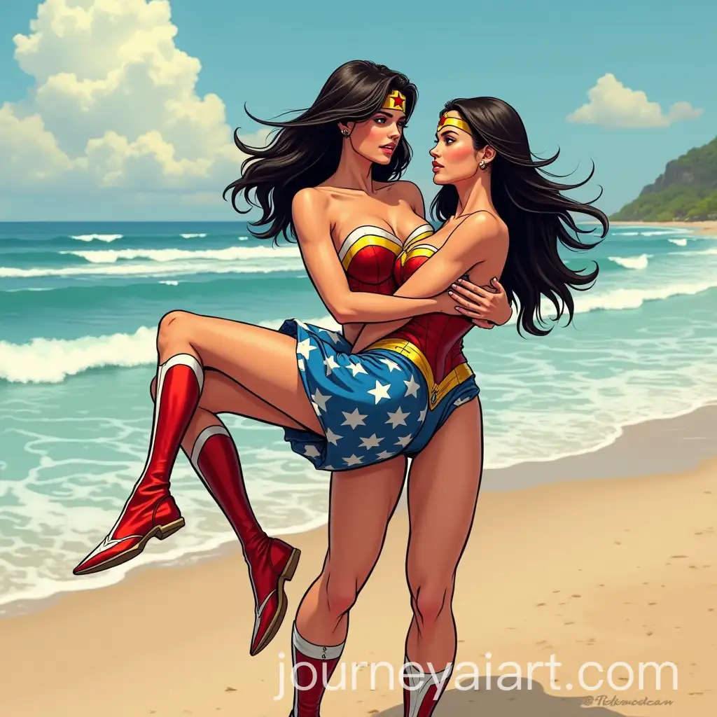 Supergirl-Carrying-Wonder-Woman-in-Princess-Carry-on-aAI-Image-Prompt-Expansion-Beach-in-ComicBook-Style