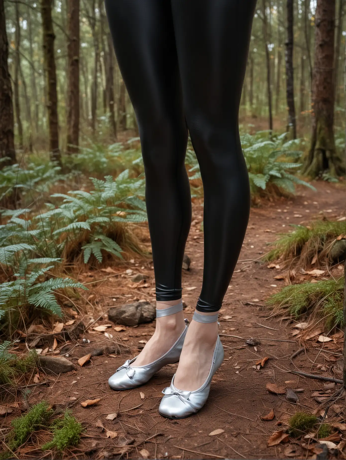 frauenbeine von den Waden abwärts, in schwarzen glänzenden spandex leggings, schwarzen strumpfhosen und silbernen ballettschläppchen, im wald