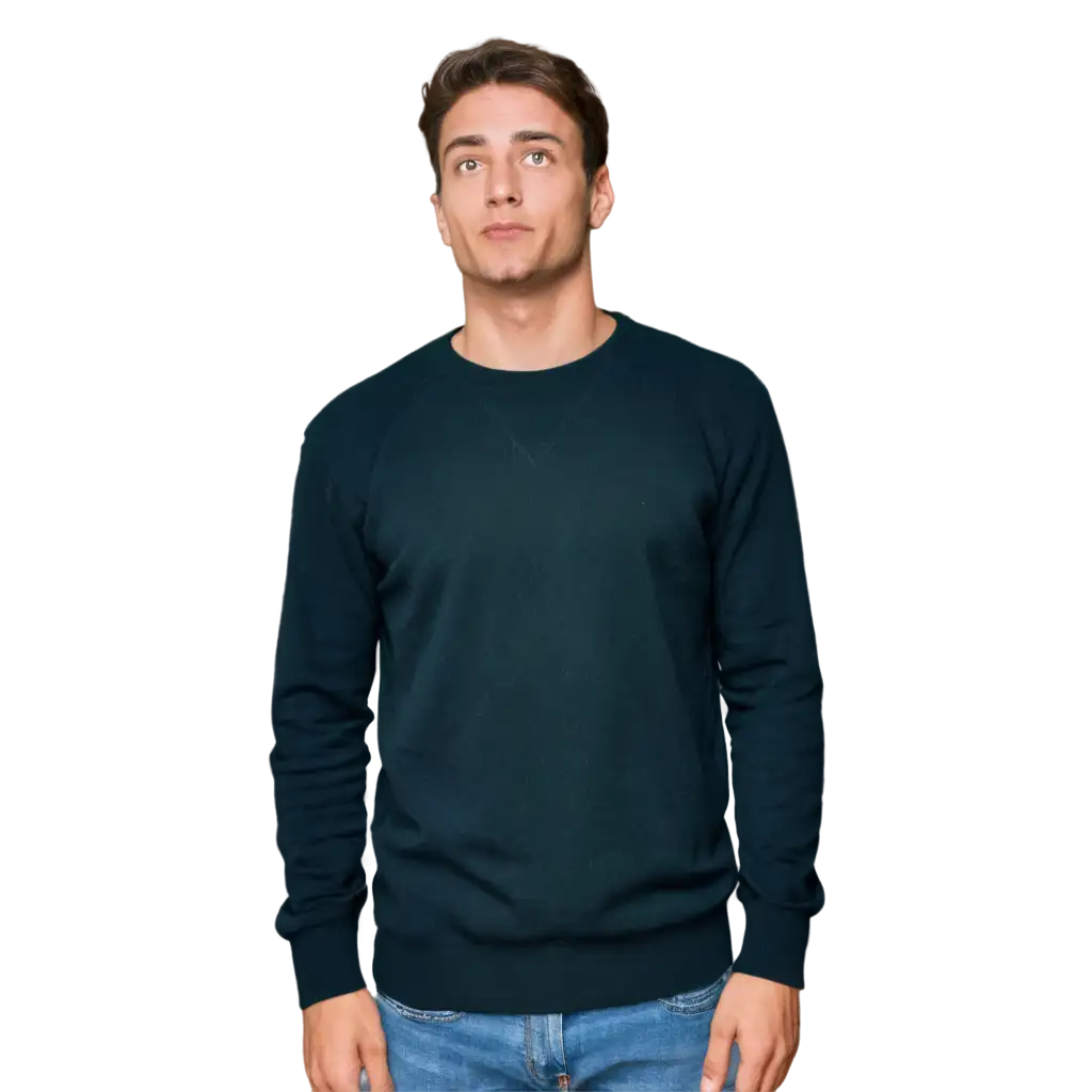 Man-in-a-Black-Sweater-Round-Neck-Thinking-While-Looking-Up-PNG-Image-for-Creative-and-Professional-Use