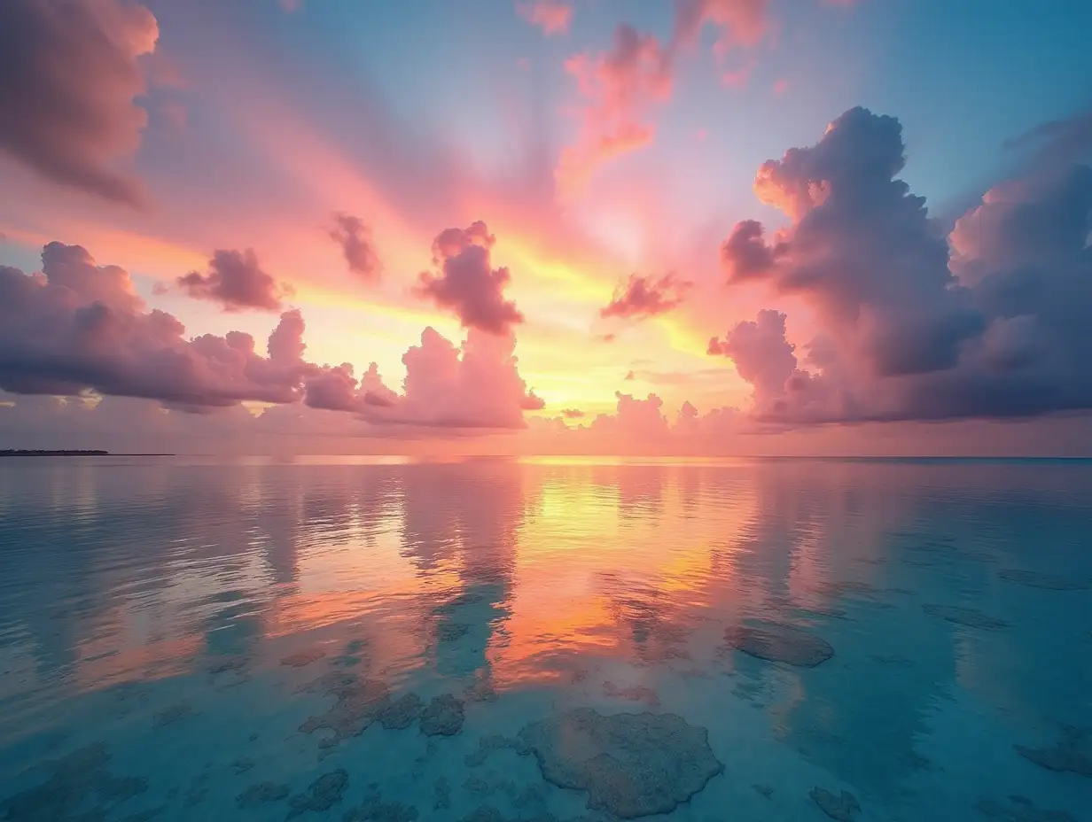 Stunning colorful sunset sky with clouds seaside horizon. Lagoon landscape in Maldives. Luxury traveling destination, exotic summer beach view. Tropical vacation and summer holiday background concept