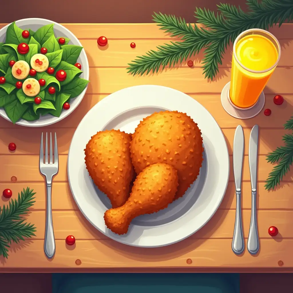 The image shows a bright and appetizing New Year's table set on a wooden table. There is a plate with fried chicken in the center of the stage. To the left of the main course is a bowl filled with salad with mayonnaise. To the right of the table is a tall glass filled with orange juice, its bright color contrasts beautifully with the warm tones of the wooden table. The background is minimalistic and does not distract from the main focus of the image --- a delicious New Year's dinner. Christmas decorations are laid out on the table. Top view, cartoon style