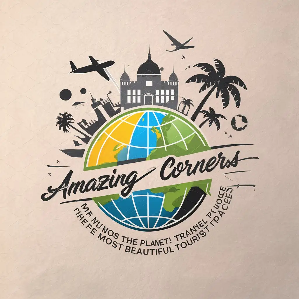 a vector logo design,with the text "Amazing corners of the planet, travel, the most beautiful tourist places", main symbol:Globe, airplane, palm trees, palaces,Moderate,be used in Travel industry,clear background