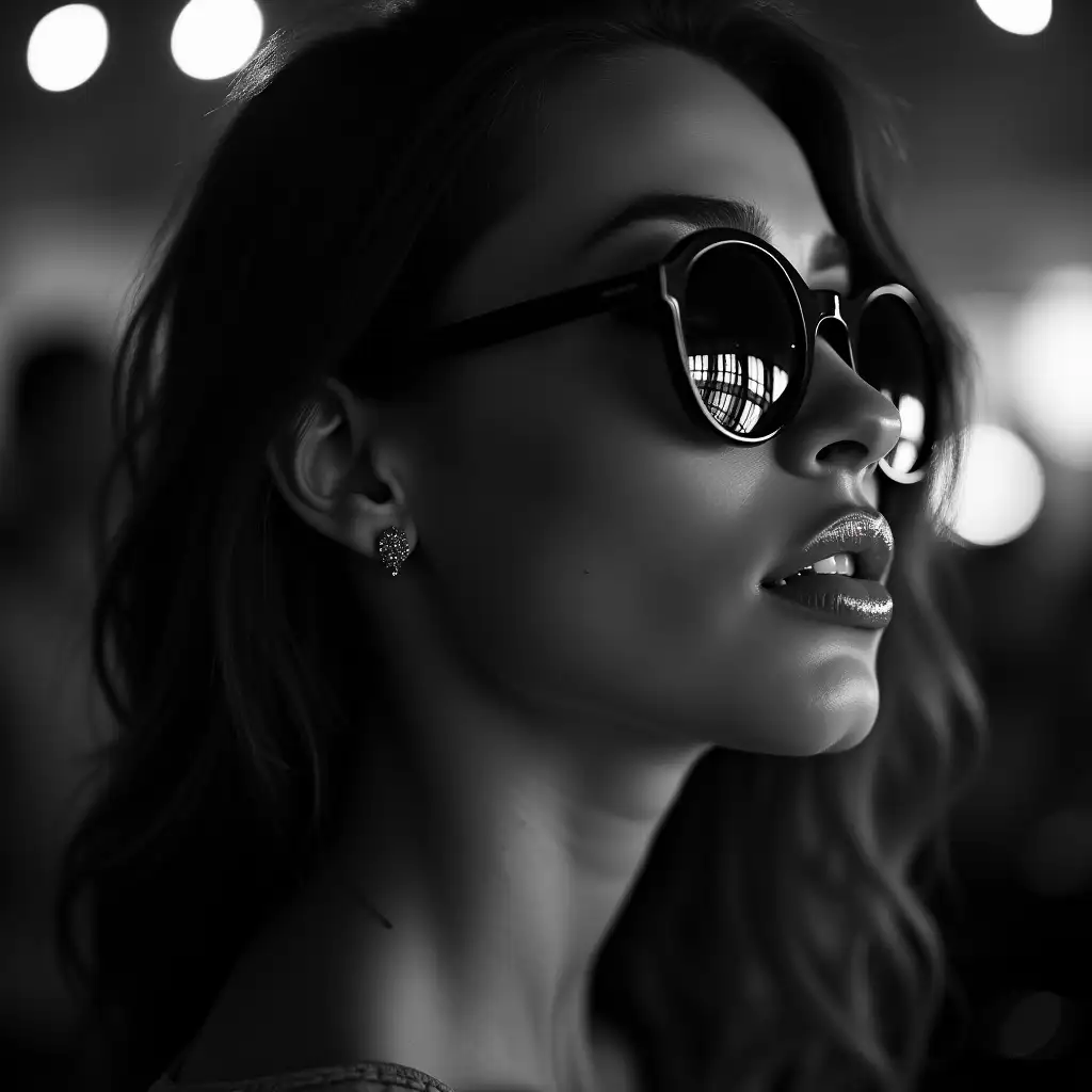 Beautiful woman 25 years old photo face black and white photo, professional portrait photography. She is in sunglasses ray ben and somewhere in the club.