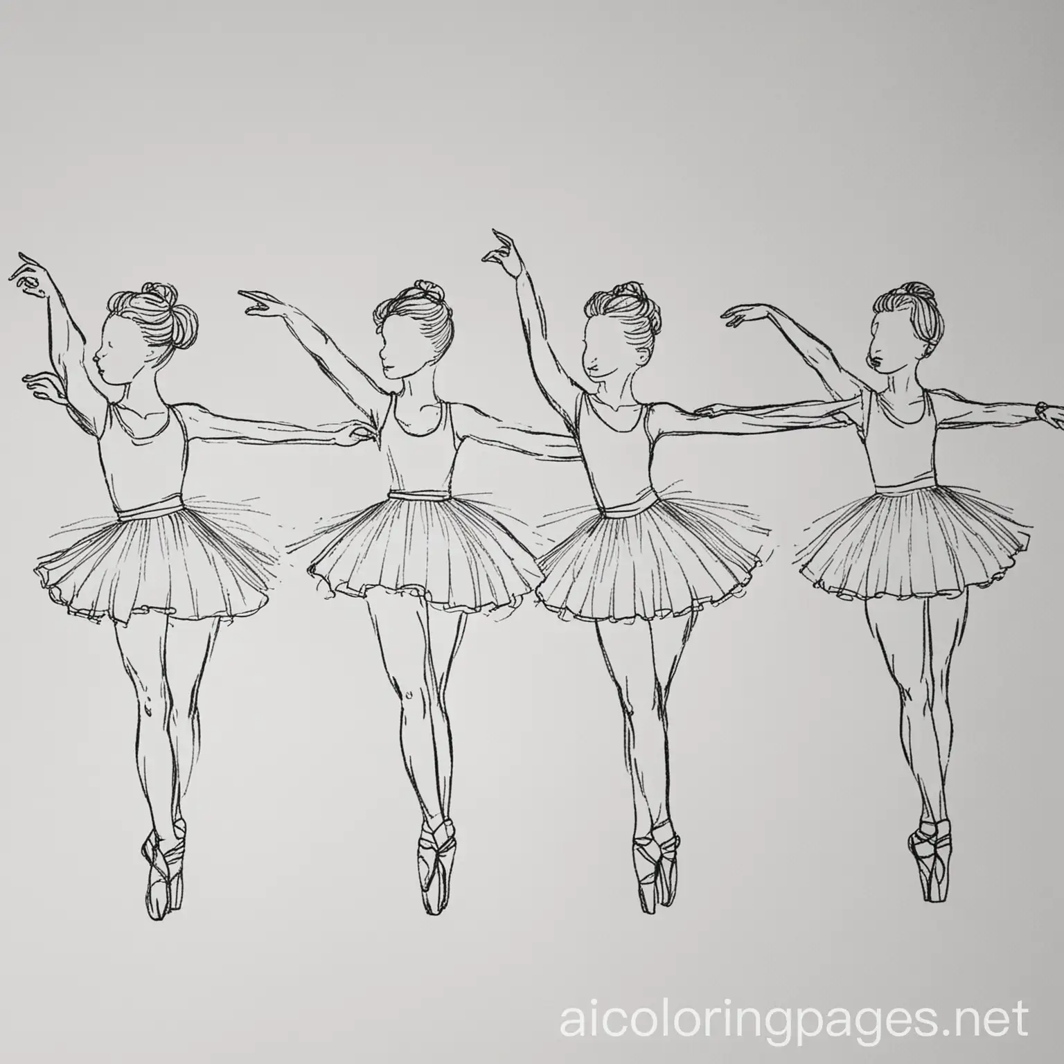 Ballet dancers, Coloring Page, black and white, line art, white background, Simplicity, Ample White Space. The background of the coloring page is plain white to make it easy for young children to color within the lines. The outlines of all the subjects are easy to distinguish, making it simple for kids to color without too much difficulty