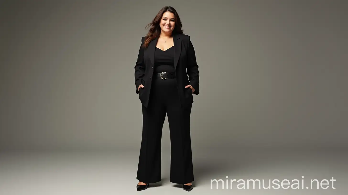 Chubby French Woman in Elegant Black Flared Trousers and Pointed Toes