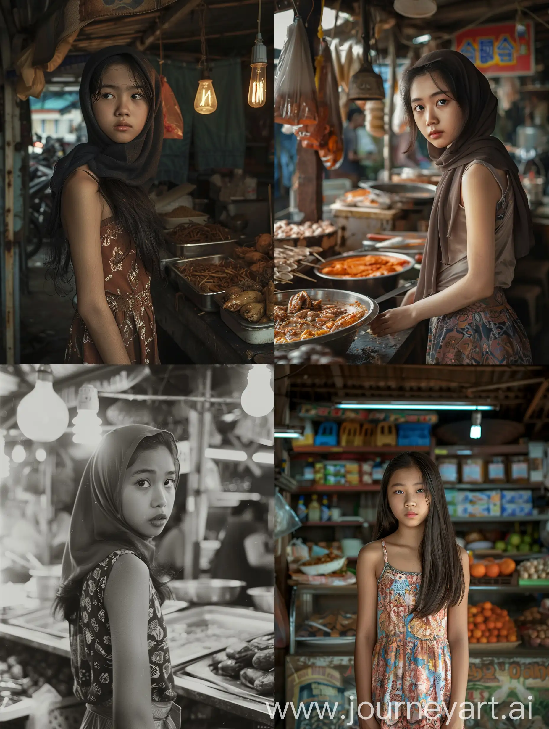Young-Korean-Girl-in-Hijab-at-Indonesian-Food-Stand