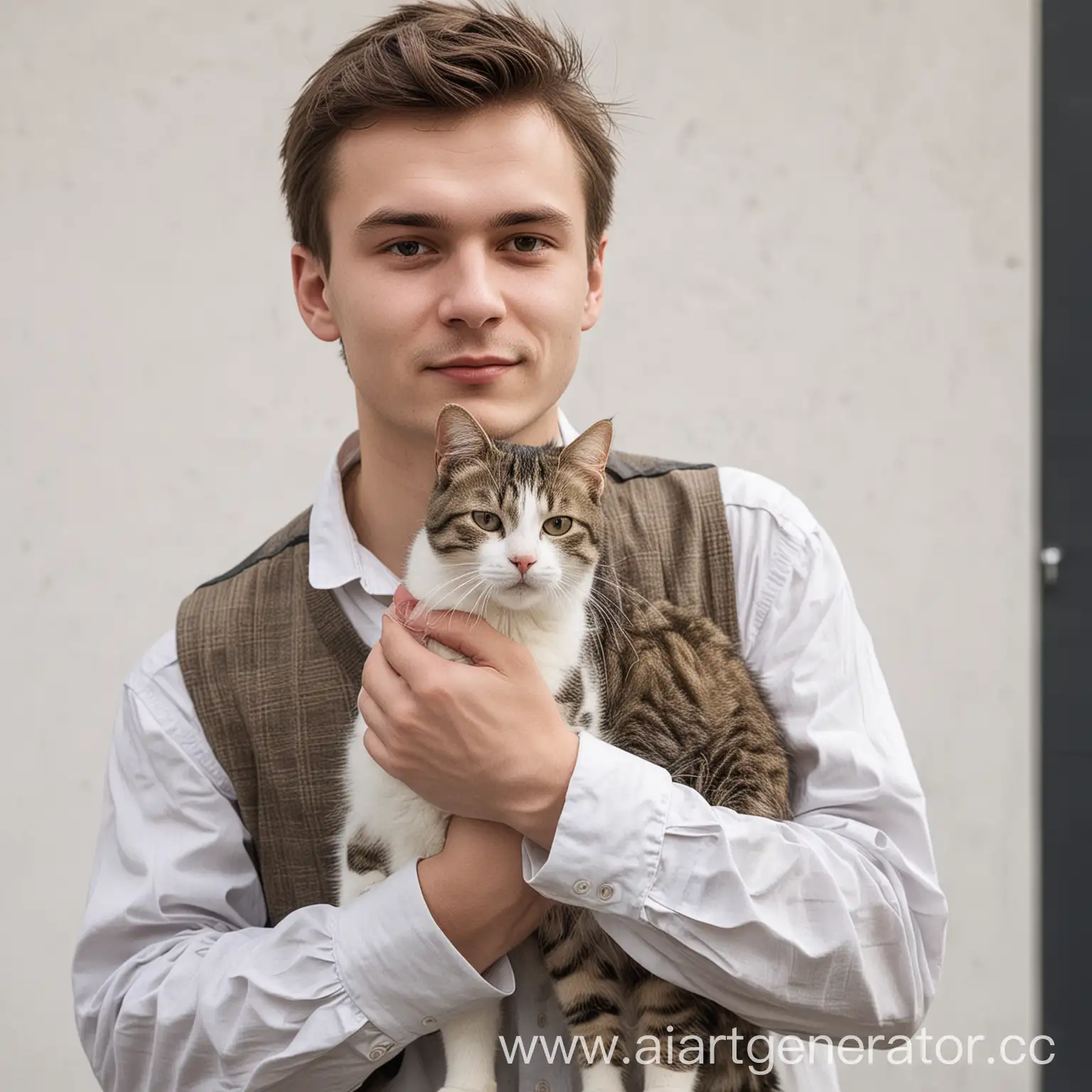 Young-Student-Holding-Courtyard-Cat-on-White-Background