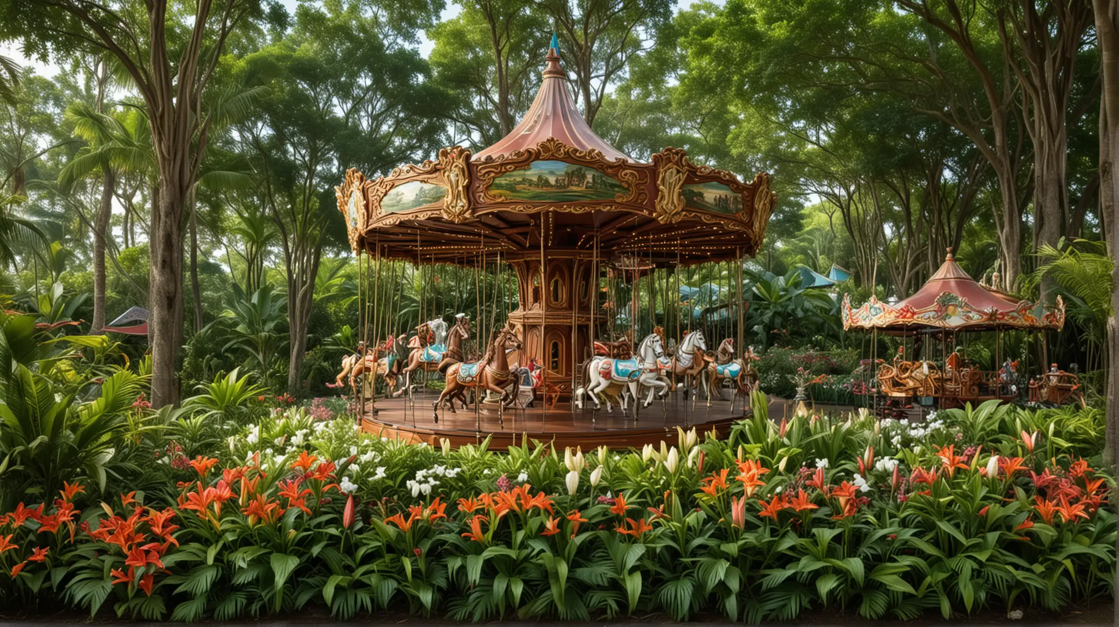 Enchanted Paradise Panoramic View with Lush Greenery Lilies and Mahogany Carousel