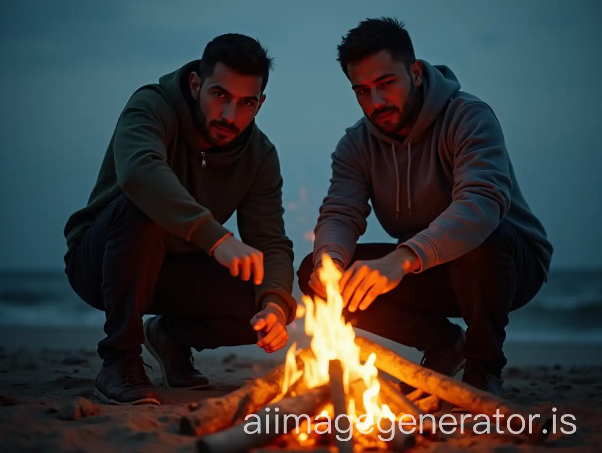 Two-Men-Lighting-a-Fire-onAI-Art-Prompt-Expansion-an-Eerie-Uninhabited-Beach