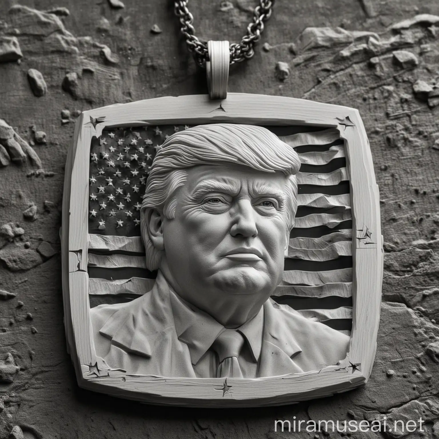 3D Grayscale Bas Relief of Donald Trump with Flag Background and Pendant