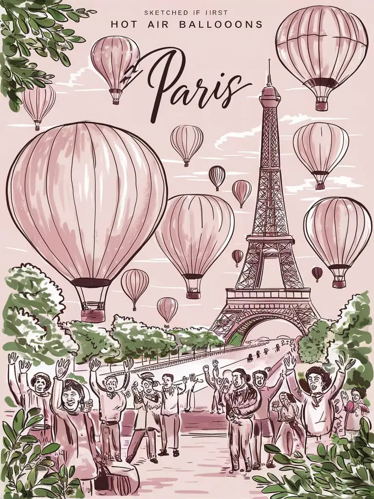 Historical Illustration First Hot Air Balloons Over Paris with Eiffel Tower and Cheering Sightseers