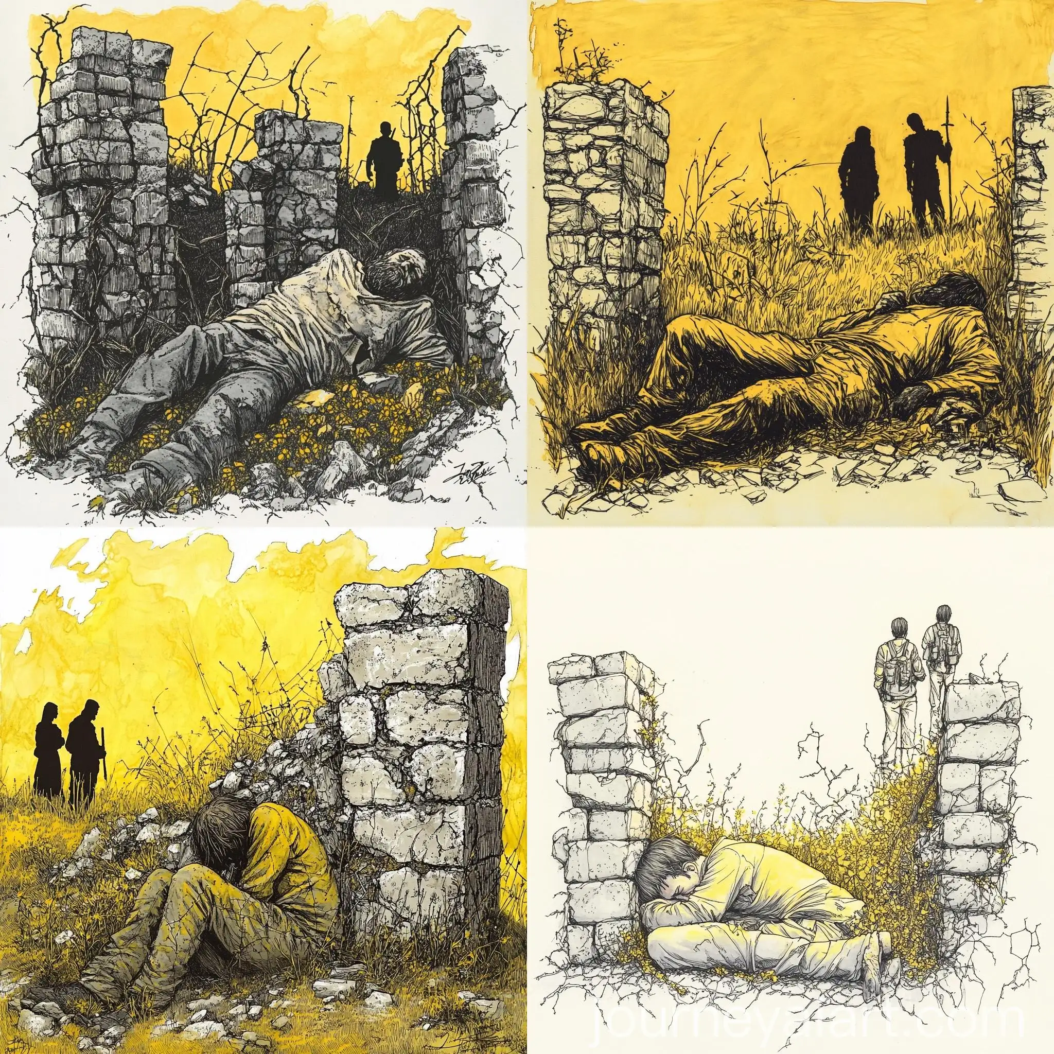 Golden-Yellow-Sketch-Dilapidation-and-Poverty-Scene-with-Slumbering-Man