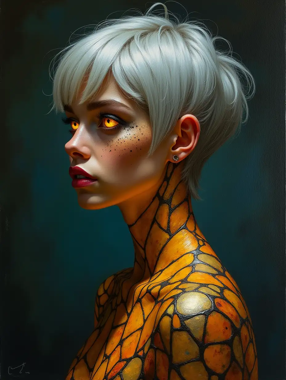 A oil painting of a medium-dark olive-skinned woman with freckles, a silver pixie cut, glowing golden eyes, and a robe that looks like a stained glass window. She has a thick, jagged scar going horizontally all the way around her neck as if she was once beheaded.