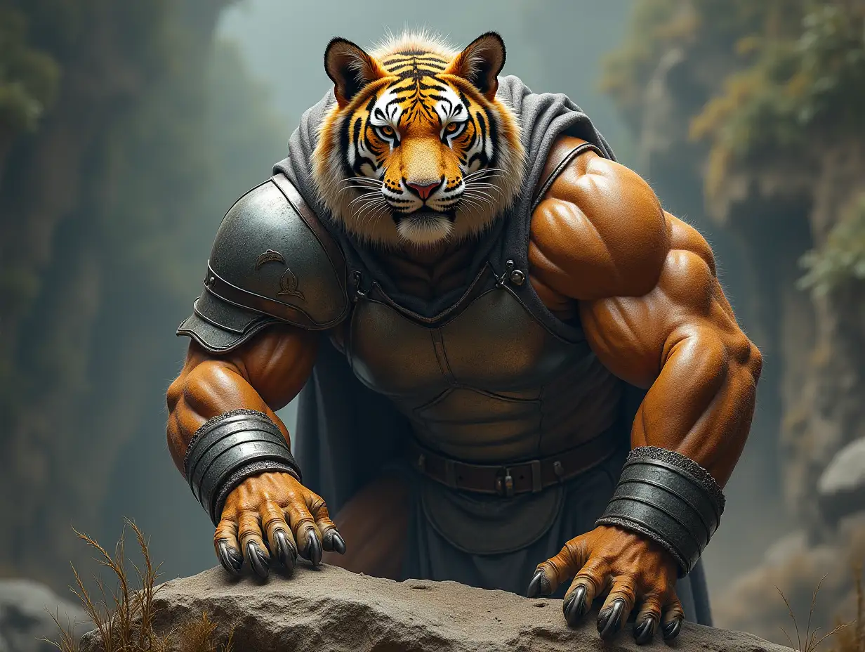 Animalhybrid bodybuilder with knight armor and tiger head on a rock