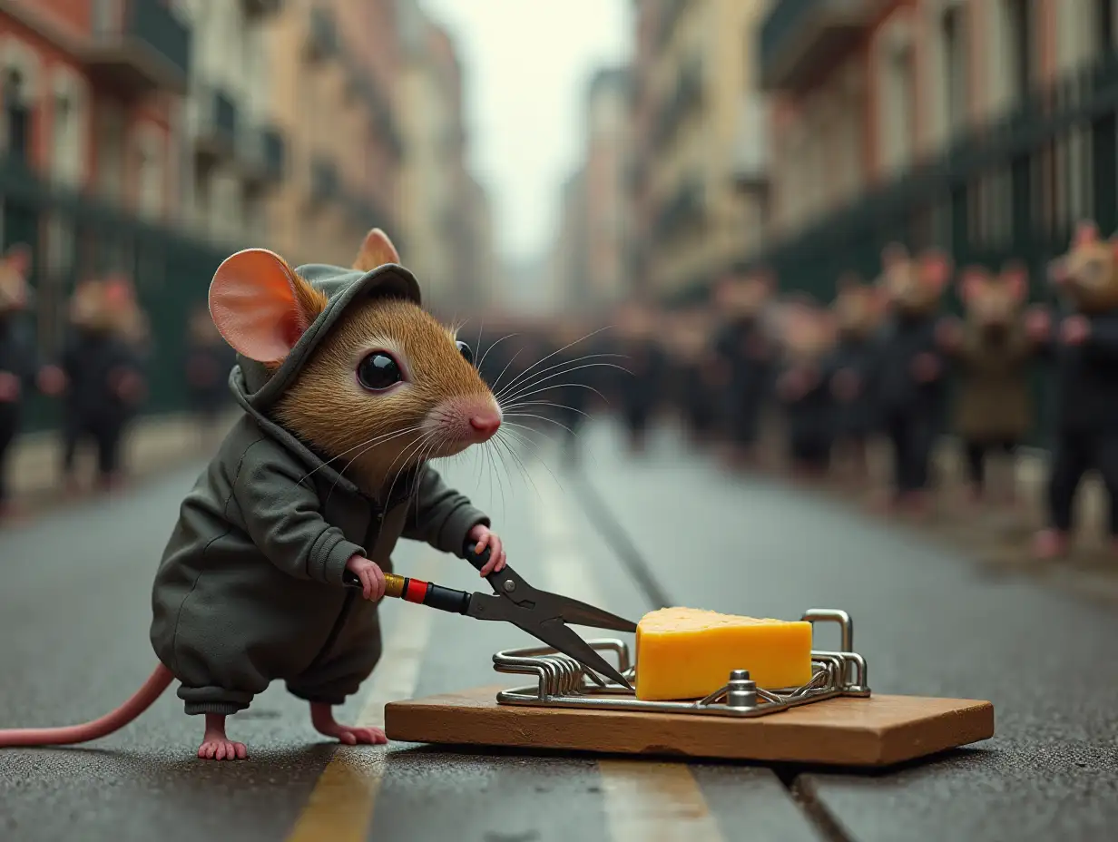 Background - city street. A large mousetrap is standing on the road with a piece of cheese. Next to it stands a mouse in a protective suit of a sapper, in his right hand pliers with which he bites through the wire on the mousetrap. In the distance behind the fence there is a crowd of mice, kept by policeman mice. Photorealism.