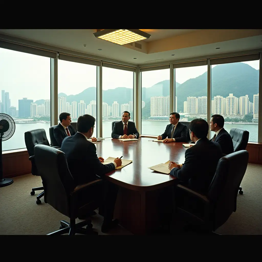 Kodak colorized photograph, 1990s, Kowloon, high resolution photograph of a conglomerate meeting in Hong Kong, power hungry, family business, power hungry company meeting, undefeated conglomerate, 90's business suit, Kowloon walled city, Kowloon conglomerate, executive lounge, air conditioner, video call, total monopoly, monopoly, luxurious executive lounge, wire fan, panoramic window, new product announcement, Hong Kong '97